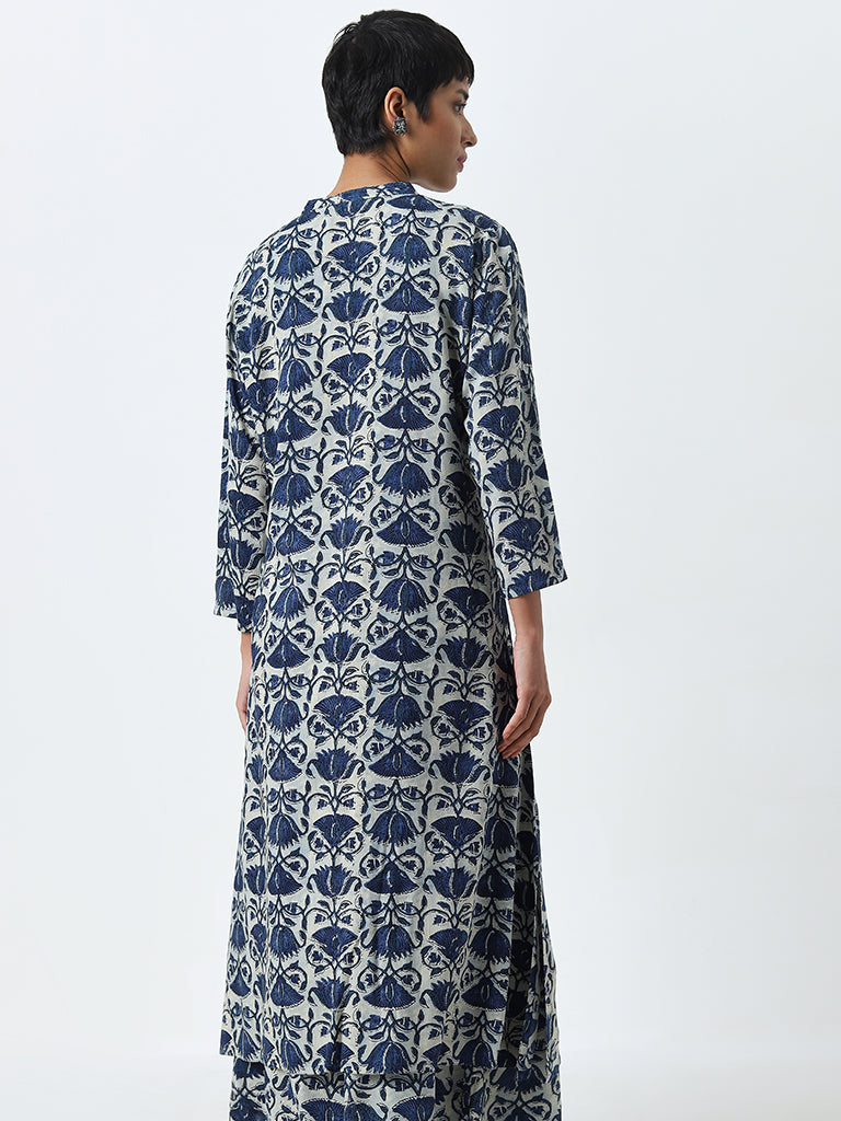 Utsa Dark Blue Floral Printed A-Line Cotton Kurta