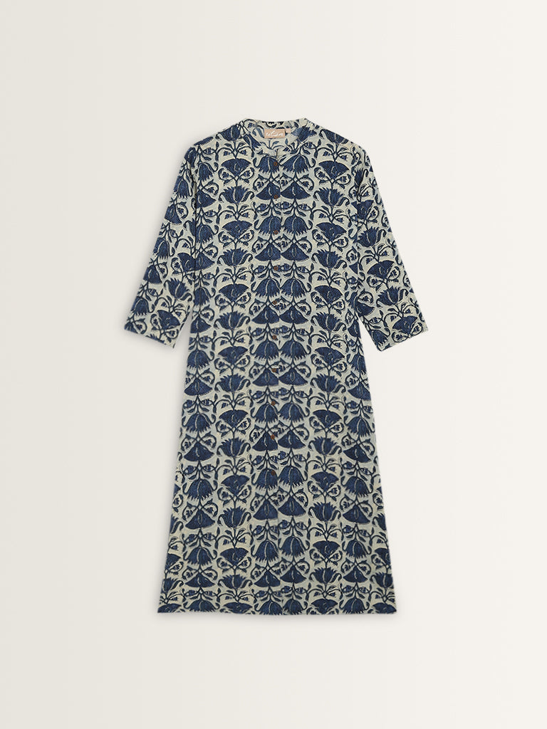 Utsa Dark Blue Floral Printed A-Line Cotton Kurta