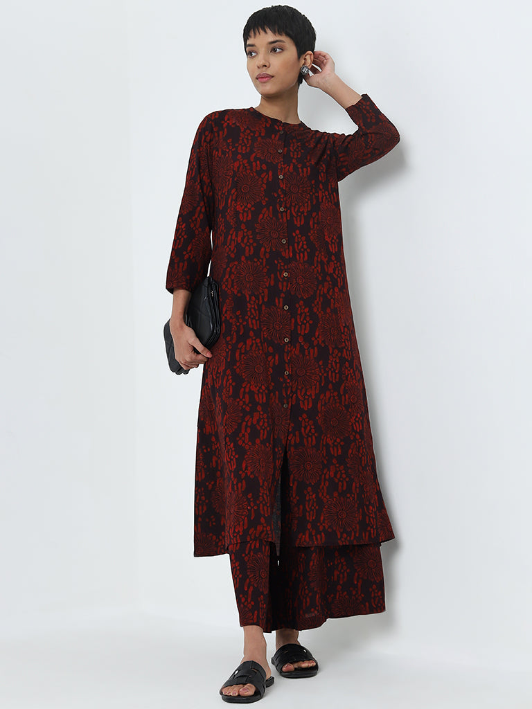 Utsa Red Floral Printed A-Line Cotton Kurta