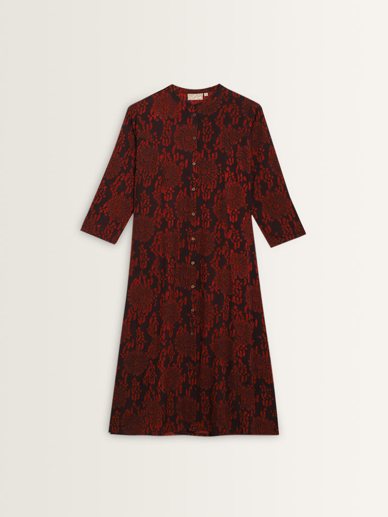 Utsa Red Floral Printed A-Line Cotton Kurta