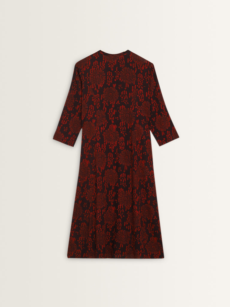 Utsa Red Floral Printed A-Line Cotton Kurta