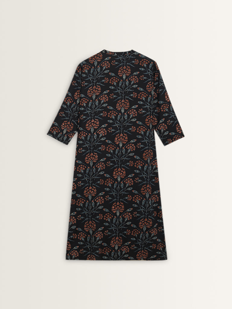 Utsa Navy Botanical Printed A-Line Cotton Kurta