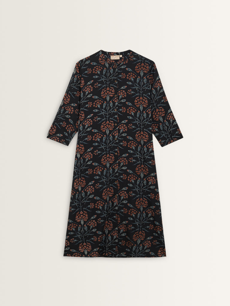 Utsa Navy Botanical Printed A-Line Cotton Kurta