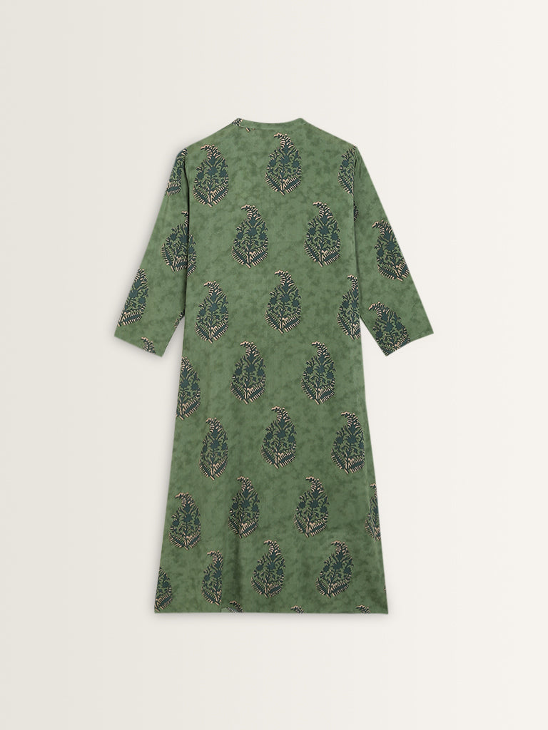 Utsa Green Printed A-Line Cotton Kurta