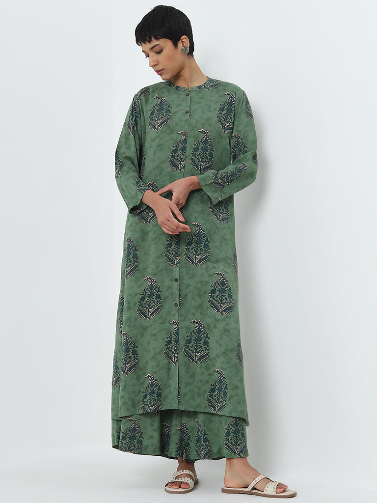 Utsa Green Printed High-Rise Cotton Palazzos