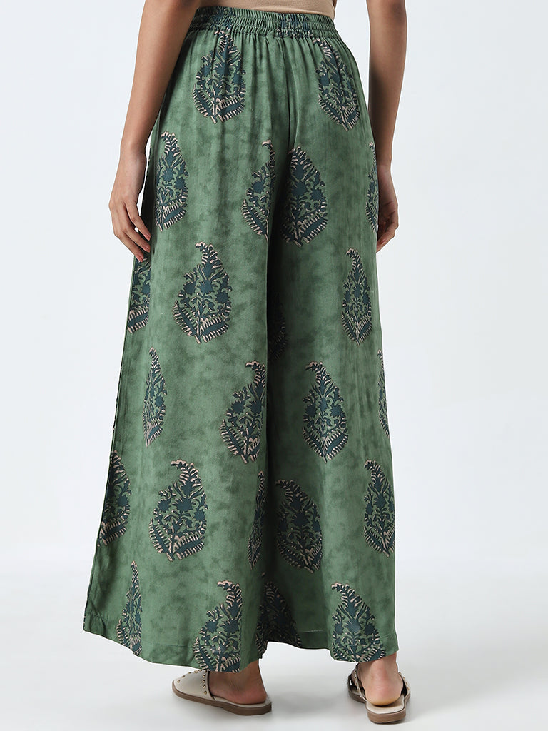 Utsa Green Printed High-Rise Cotton Palazzos