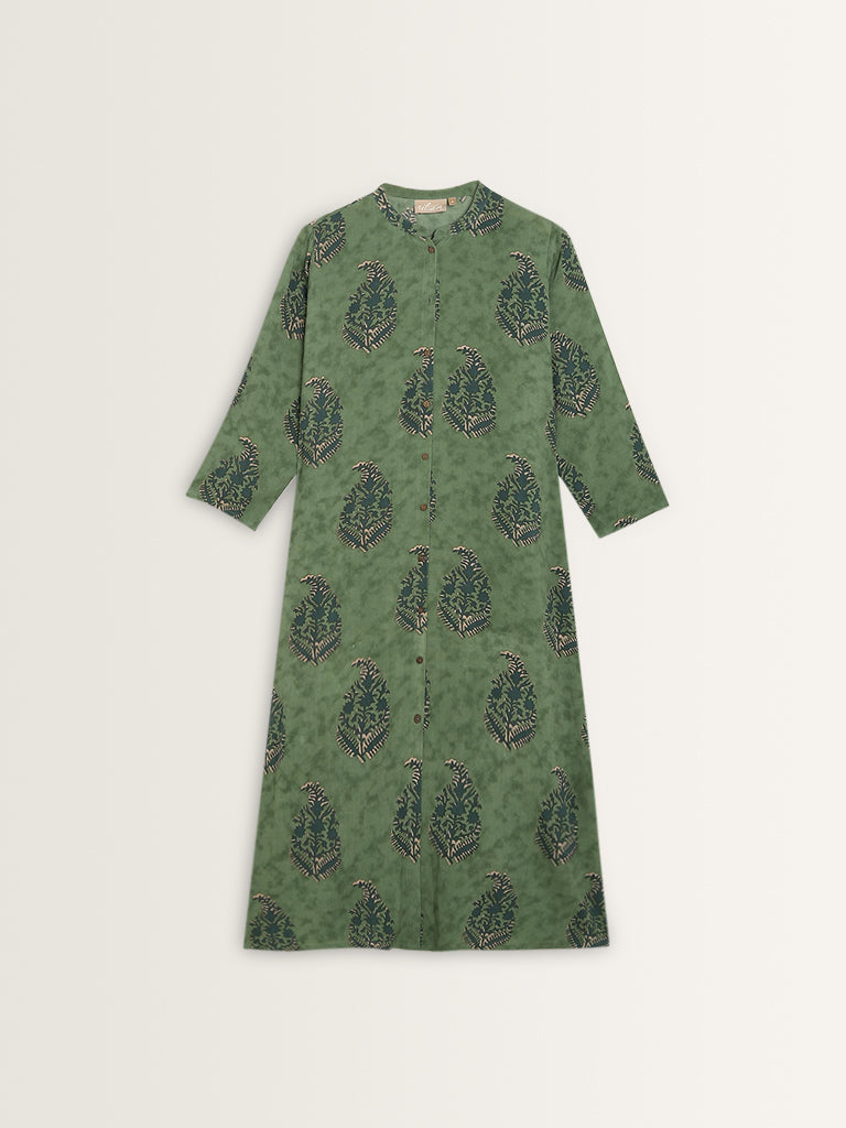 Utsa Green Printed A-Line Cotton Kurta