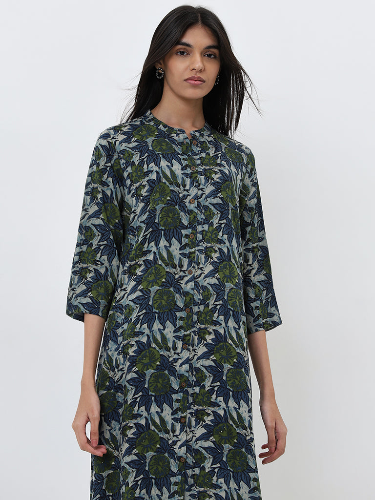 Utsa Indigo Botanical Design A-Line Kurta