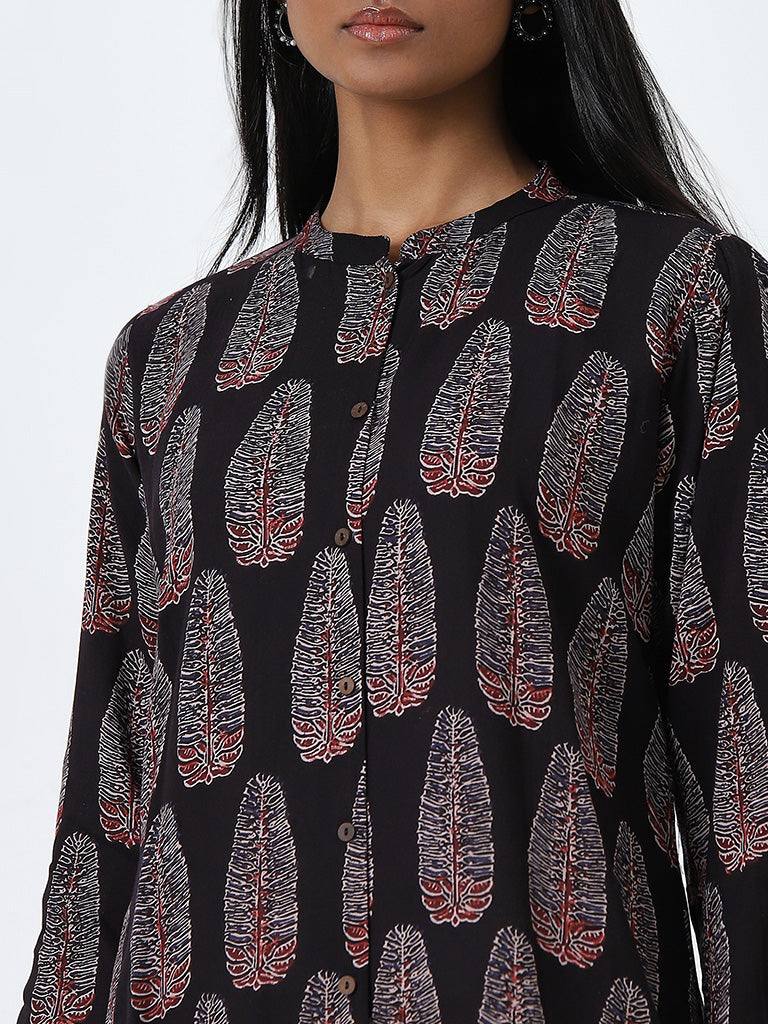 Utsa Black Foliage Printed A-Line Kurta