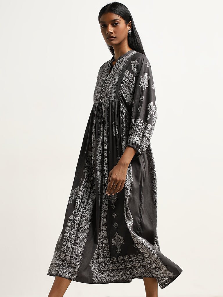 Zuba Charcoal Abstract Printed Fit-and-Flare Dress