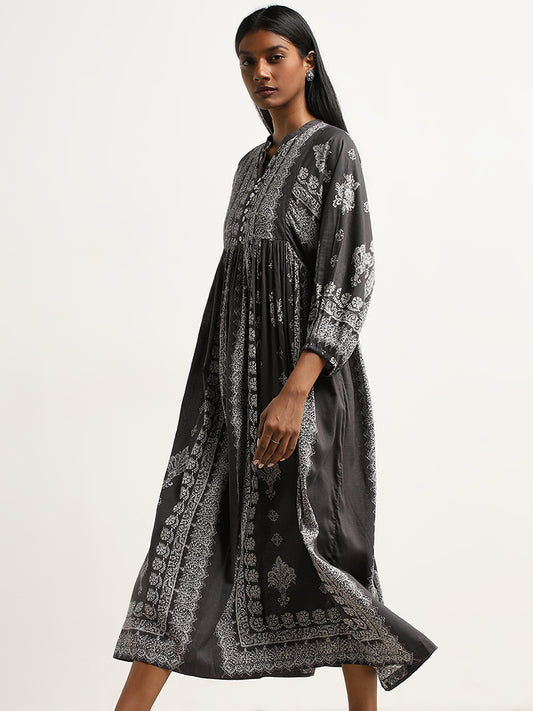 Zuba Charcoal Abstract Printed Fit-and-Flare Kurta