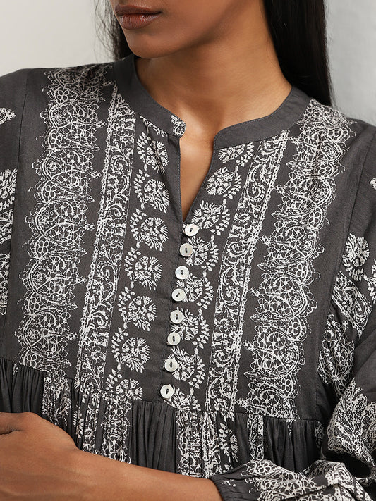 Zuba Charcoal Abstract Printed Fit-and-Flare Kurta