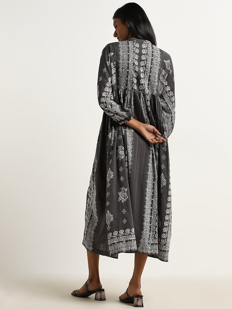 Zuba Charcoal Abstract Printed Fit-and-Flare Dress