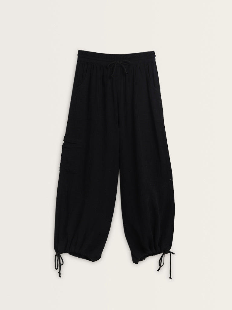 Superstar Black Textured Mid-Rise Cotton Harem Pants