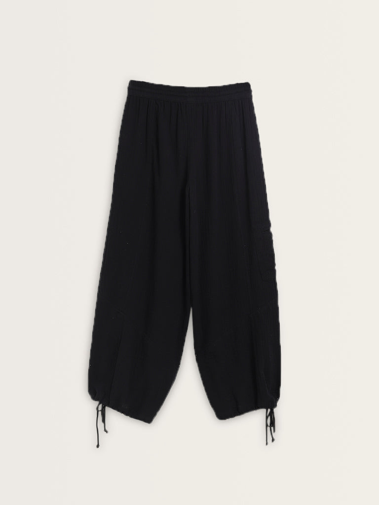 Superstar Black Textured Mid-Rise Cotton Harem Pants