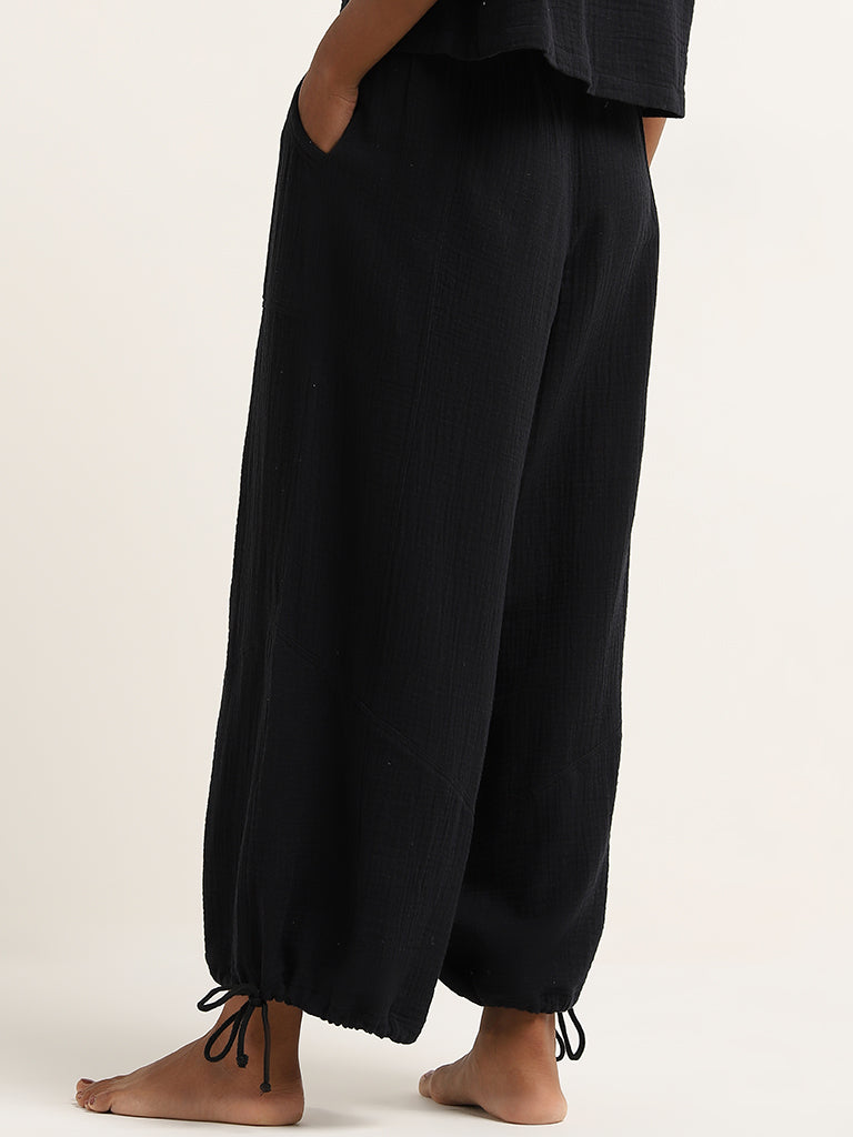 Superstar Black Textured Mid-Rise Cotton Harem Pants