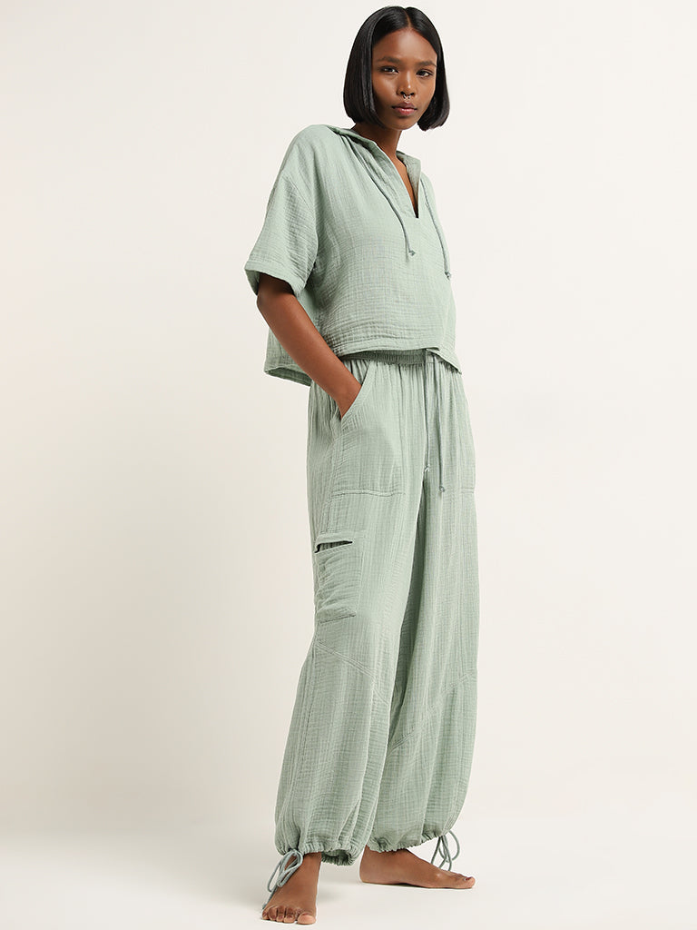 Superstar Light Sage Textured Mid-Rise Cotton Harem Pants