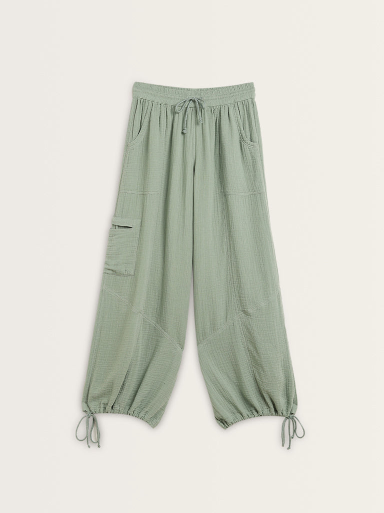 Superstar Light Sage Textured Mid-Rise Cotton Harem Pants