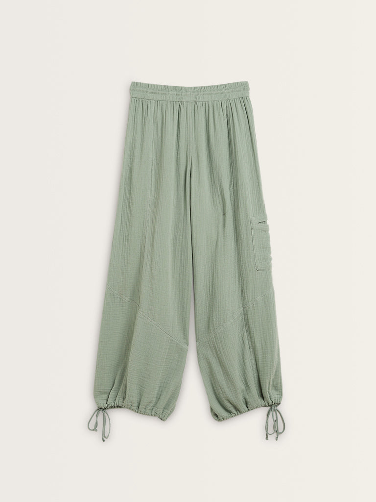 Superstar Light Sage Textured Mid-Rise Cotton Harem Pants