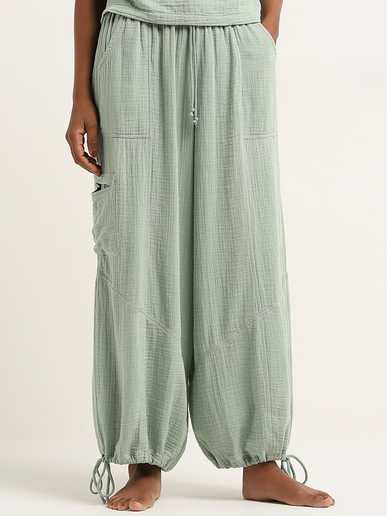 Superstar Light Sage Textured Mid-Rise Cotton Harem Pants