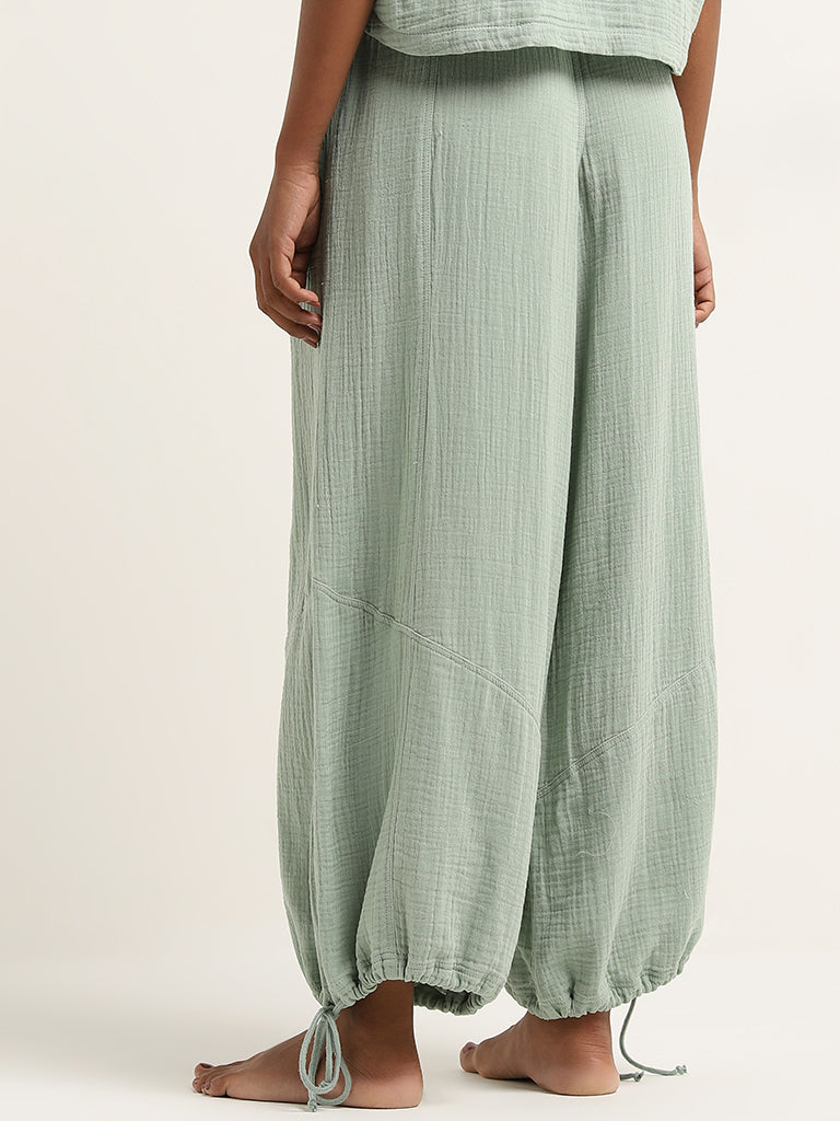 Superstar Light Sage Textured Mid-Rise Cotton Harem Pants