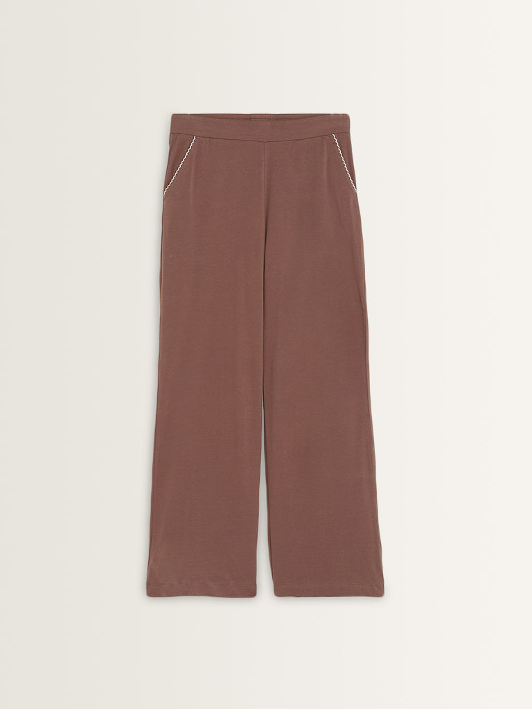 Superstar Brown Solid High-Rise Cotton Blend Pants