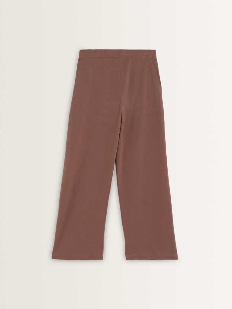 Superstar Brown Solid High-Rise Cotton Blend Pants