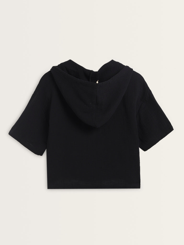 Superstar Black Crinkle Textured Hooded Cotton T-Shirt