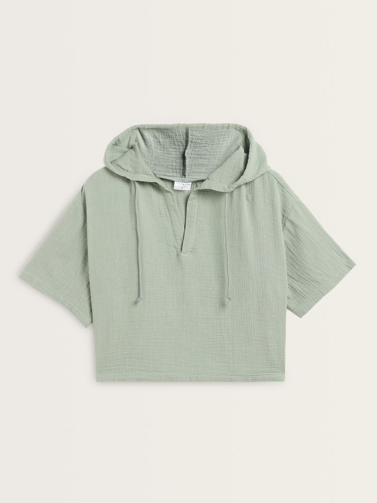 Superstar Light Sage Crinkle Textured Hooded Cotton T-Shirt