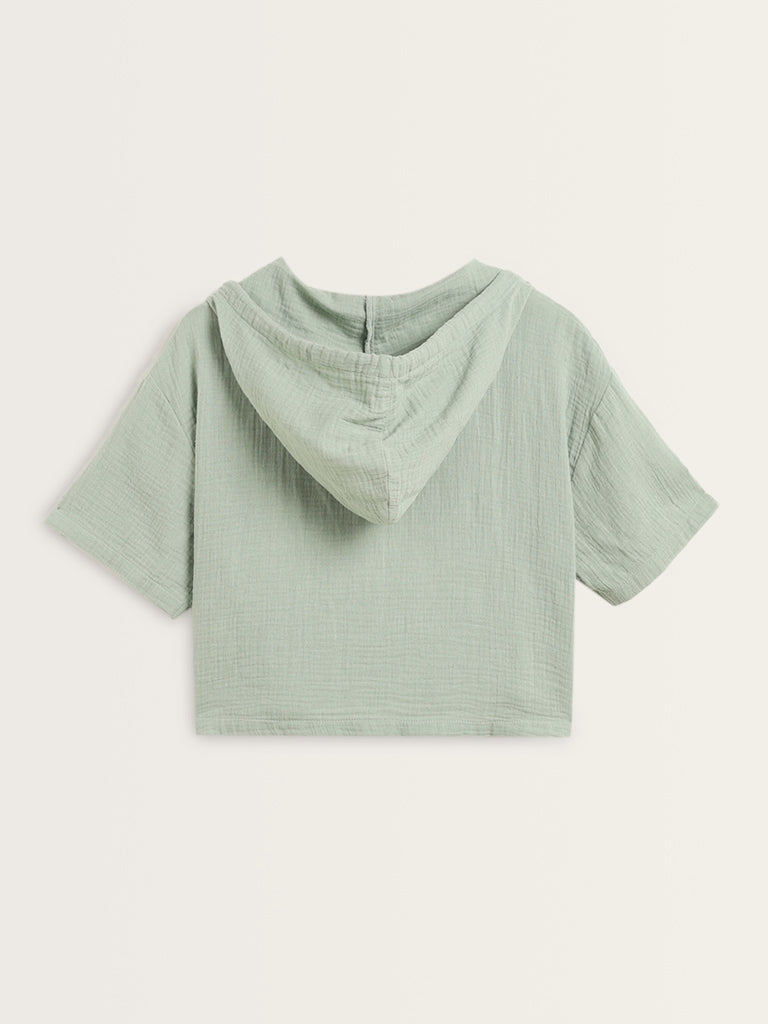 Superstar Light Sage Crinkle Textured Hooded Cotton T-Shirt