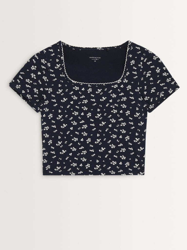 Superstar Navy Floral Pattern Cotton Blend T-Shirt