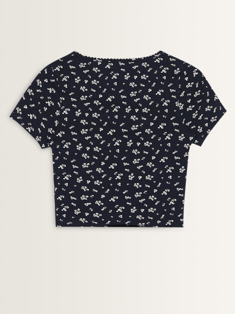 Superstar Navy Floral Pattern Cotton Blend T-Shirt