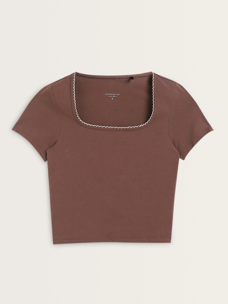 Superstar Brown Solid Cotton Blend T-Shirt