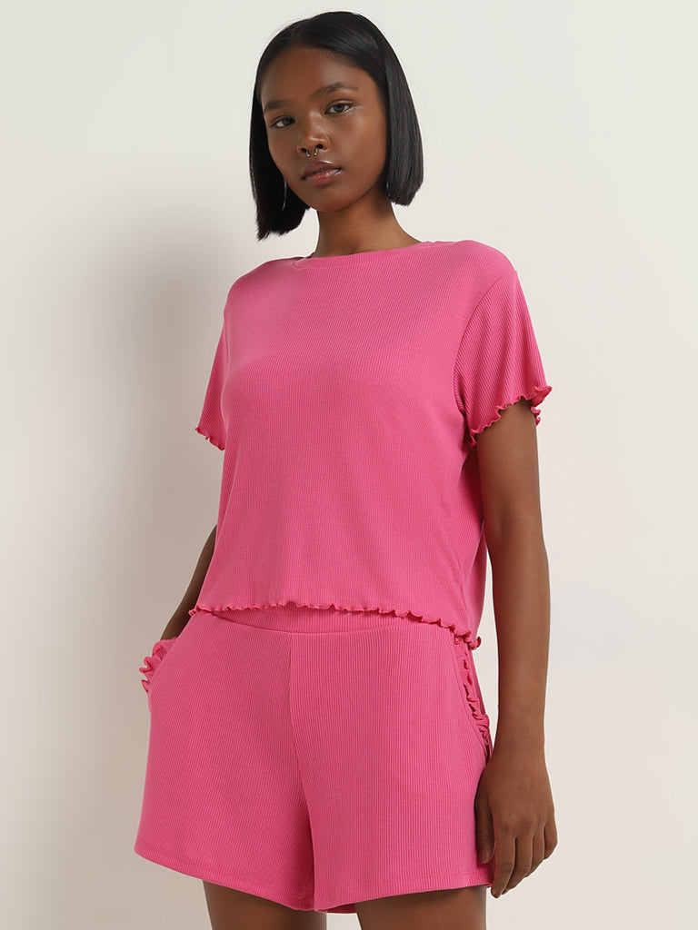 Superstar Pink Ribbed Textured T-Shirt