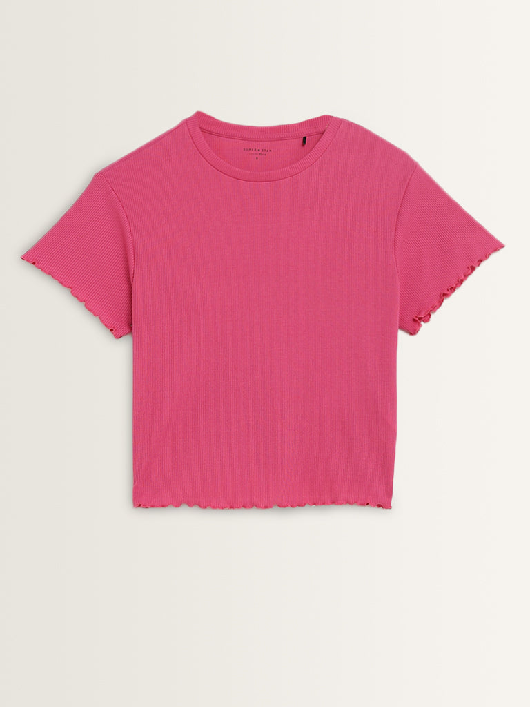 Superstar Pink Ribbed Textured T-Shirt