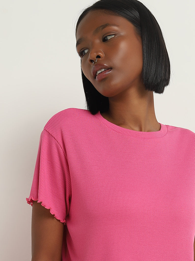 Superstar Pink Ribbed Textured T-Shirt