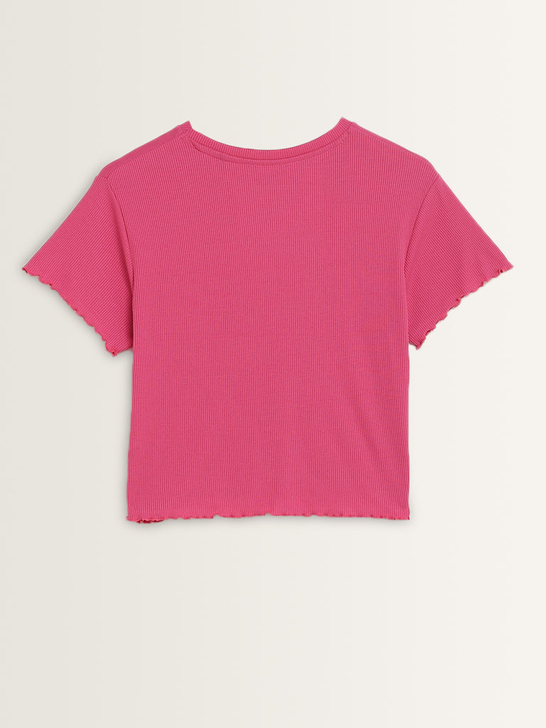 Superstar Pink Ribbed Textured T-Shirt