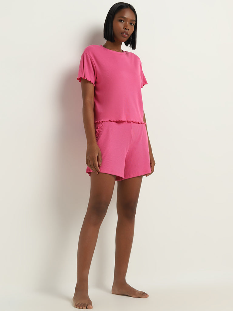 Superstar Pink Ribbed Textured T-Shirt