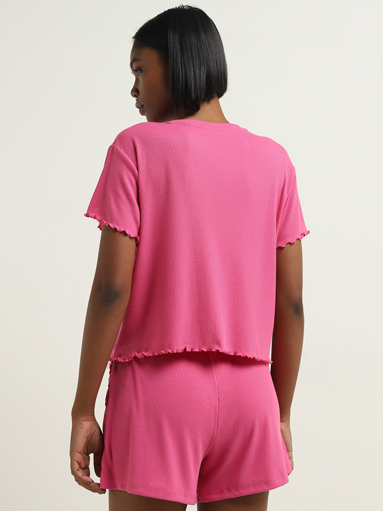 Superstar Pink Ribbed Textured T-Shirt