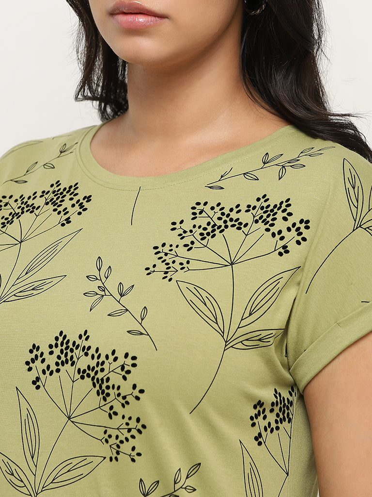 Gia Light Olive Botanical Design Cotton T-Shirt