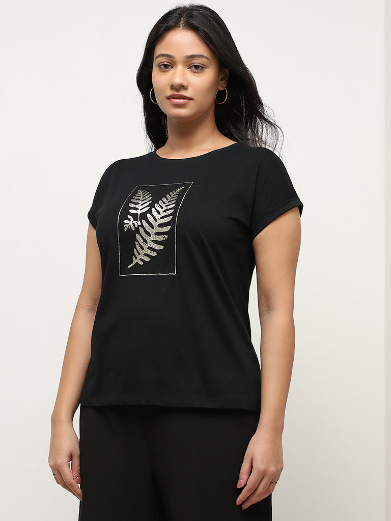 Gia Black Leaf Printed Cotton T-Shirt