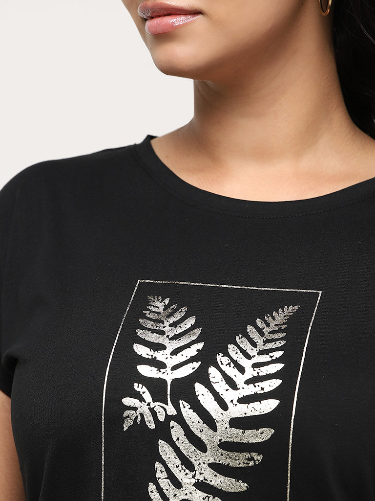 Gia Black Leaf Printed Cotton T-Shirt