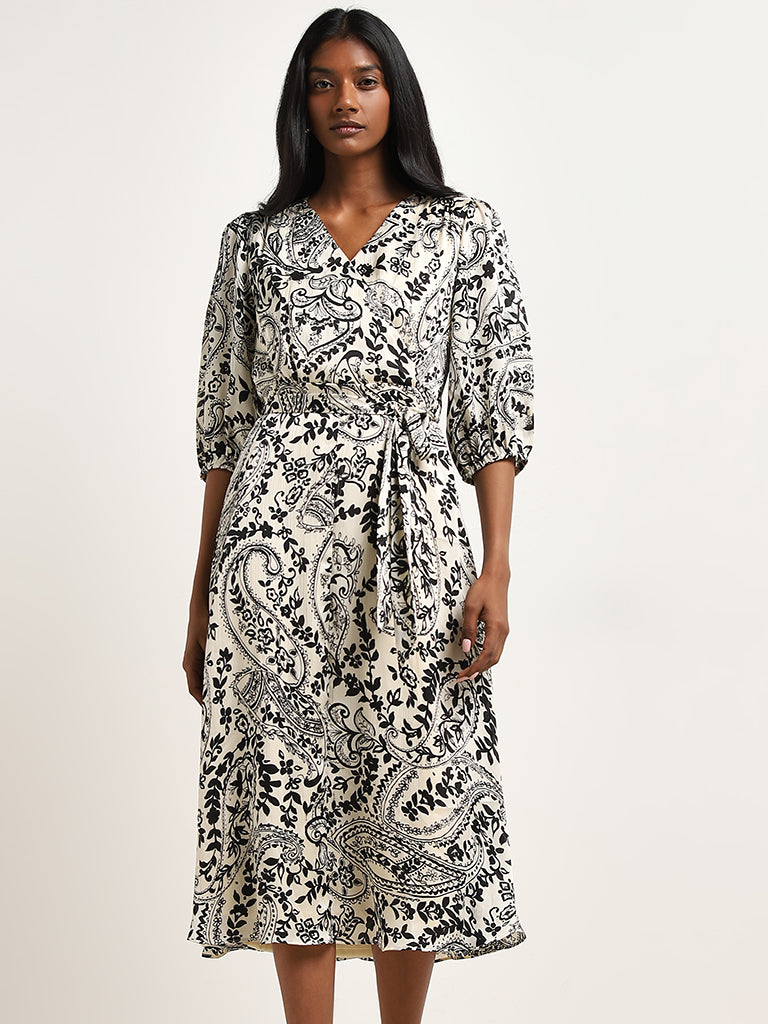 Wardrobe Off-White Paisley Printed Wrap Dress