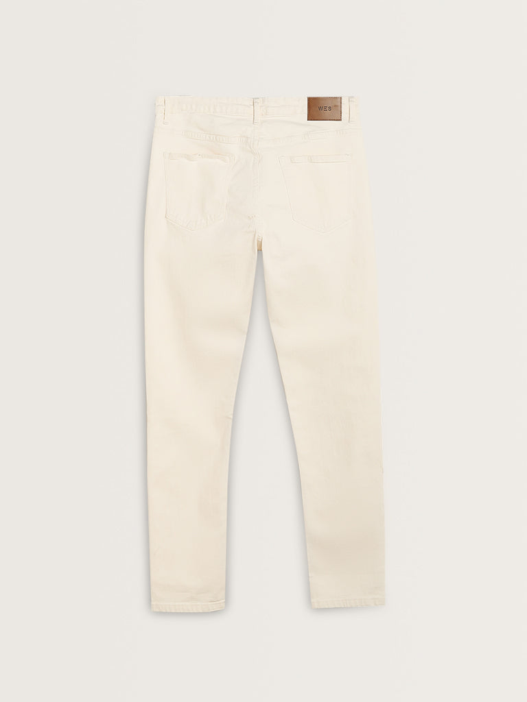 WES Casuals Off-White Slim-Fit Mid-Rise Jeans