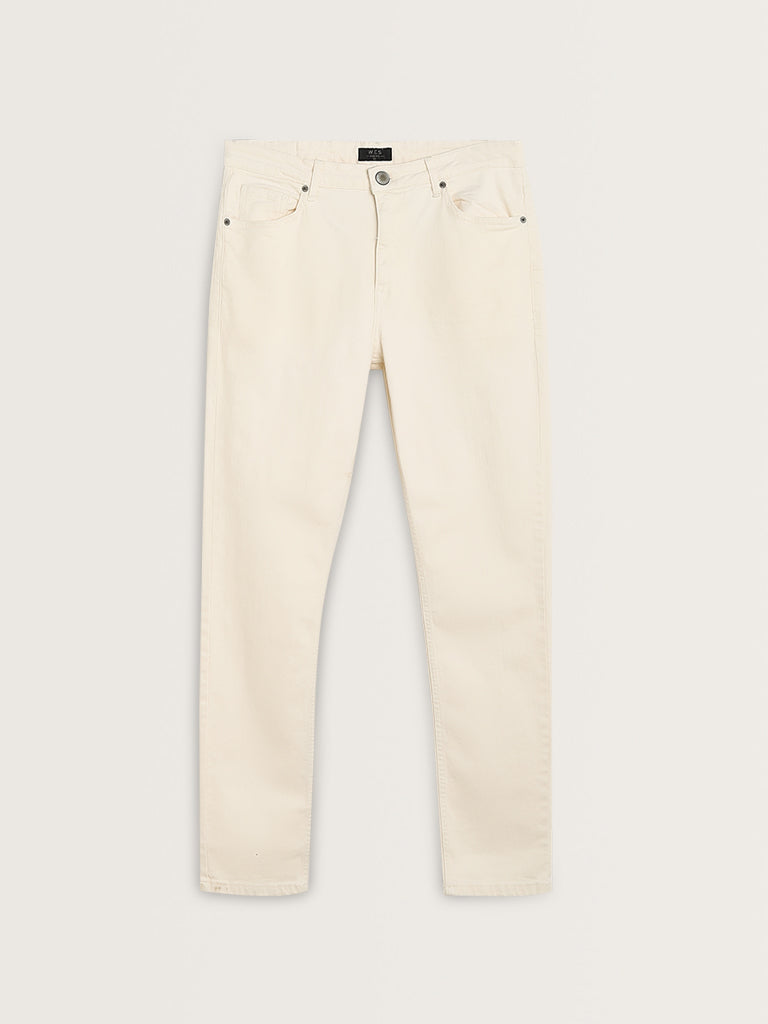 WES Casuals Off-White Slim-Fit Mid-Rise Jeans