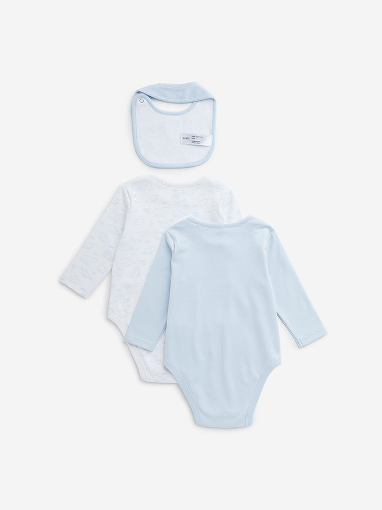 HOP Baby Light Blue Print Cotton Rompers & Bib - Pack of 2