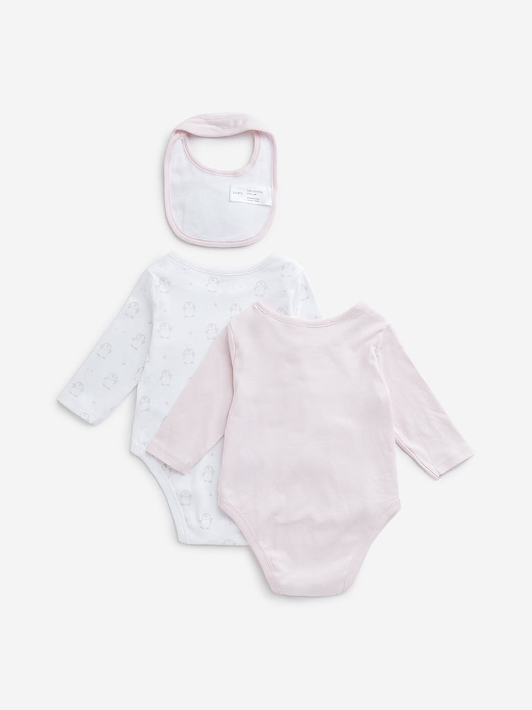 HOP Baby Light Pink Print Cotton Rompers & Bib - Pack of 2