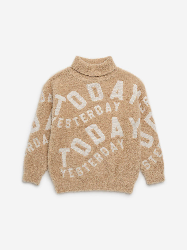 HOP Kids Light Brown Text Design Faux-Fur Sweater