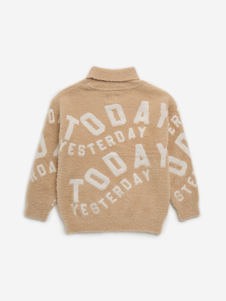 HOP Kids Light Brown Text Design Faux-Fur Sweater