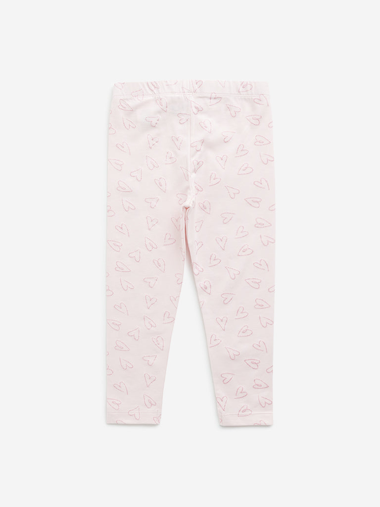 HOP Kids Light Pink Heart Mid-Rise Cotton Blend Leggings